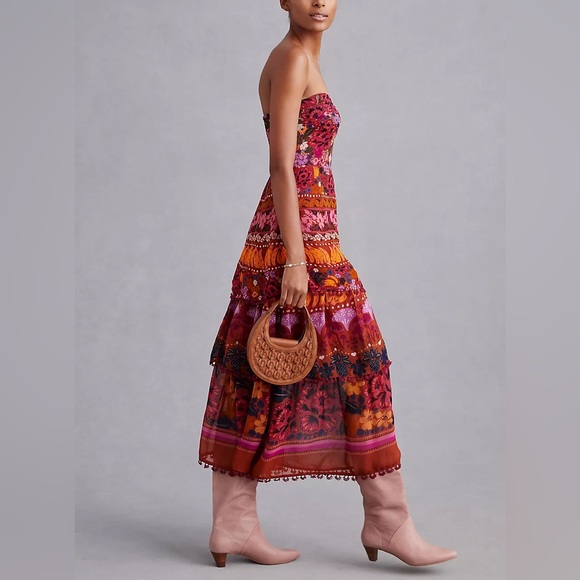 Farm Rio for Anthropologie Tiered Strapless Multicolor Midi Dress Size M - Picture 3 of 12